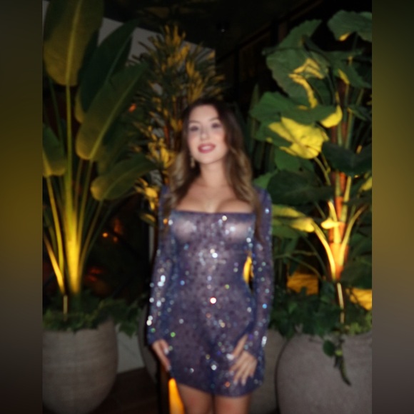 Sheer Embellished Long Sleeve A-Line Mini Dress in Navy - Picture 11 of 11